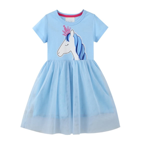 LYMAYTER Kids Toddler Girls Short Sleeve Dresses Prints Mesh Party Dress for 1-8 Years Girls Summer Fashion Casual Sundress