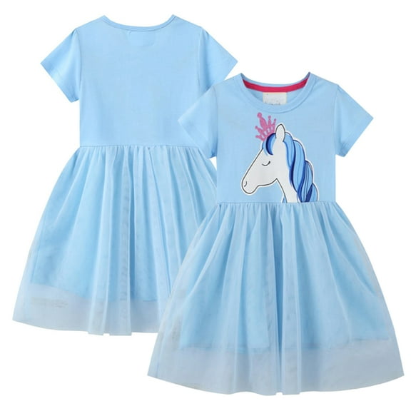 LYMAYTER Kids Toddler Girls Short Sleeve Dresses Prints Mesh Party Dress for 1-8 Years Girls Summer Fashion Casual Sundress