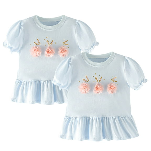 LYMAYTER Kids Toddler Girls Short Sleeve Tees Cotton Floral Crewneck T-Shirt Baby Bubble Sleeve Pullover Shirt for 1-8 Years