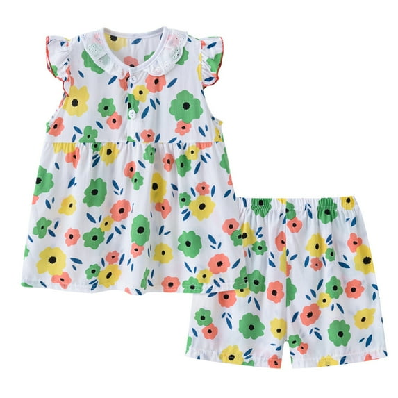 LYMAYTER Kids Toddler Girls Soft Pajama Set Crewneck Short Sleeve Sleepwear Tops Outfit 2PCS for 9M-4 T Cotton Printed Jammies Loungewear