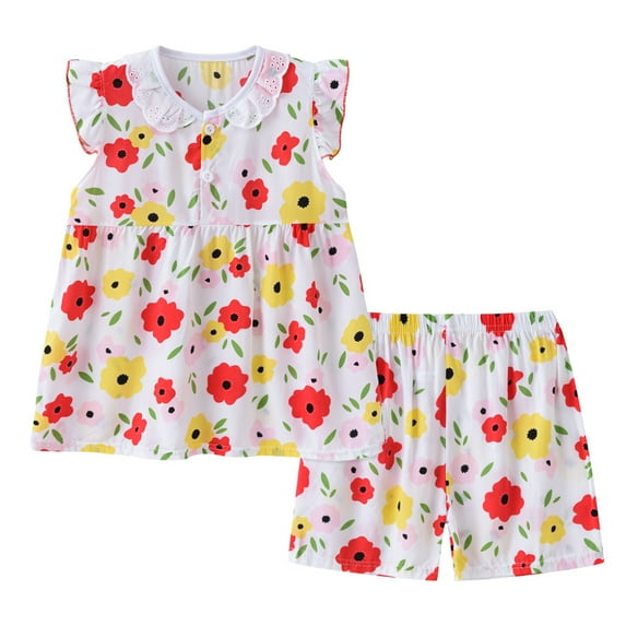 LYMAYTER Kids Toddler Girls Soft Pajama Set Crewneck Short Sleeve Sleepwear Tops Outfit 2PCS for 9M-4 T Cotton Printed Jammies Loungewear