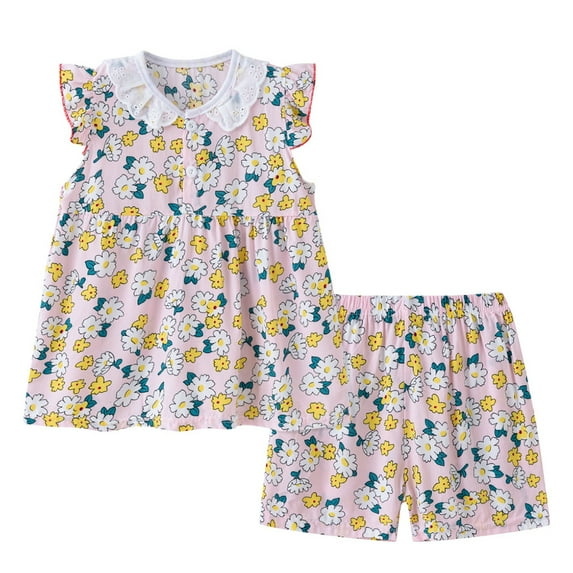 LYMAYTER Kids Toddler Girls Soft Pajama Set Crewneck Short Sleeve Sleepwear Tops Outfit 2PCS for 9M-4 T Cotton Printed Jammies Loungewear