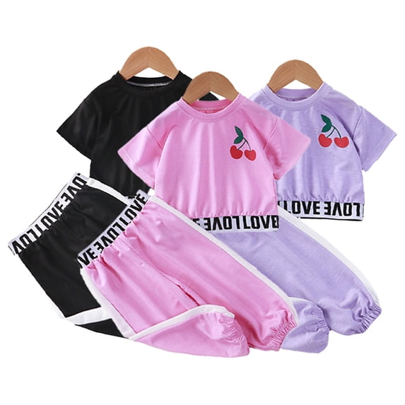 LYMAYTER Kids Toddler Girls Summer Casual Suits Baby Two Piece Solid Color Short Sleeved T-Shirt Trousers Suit Outfit Set for 1-10Y
