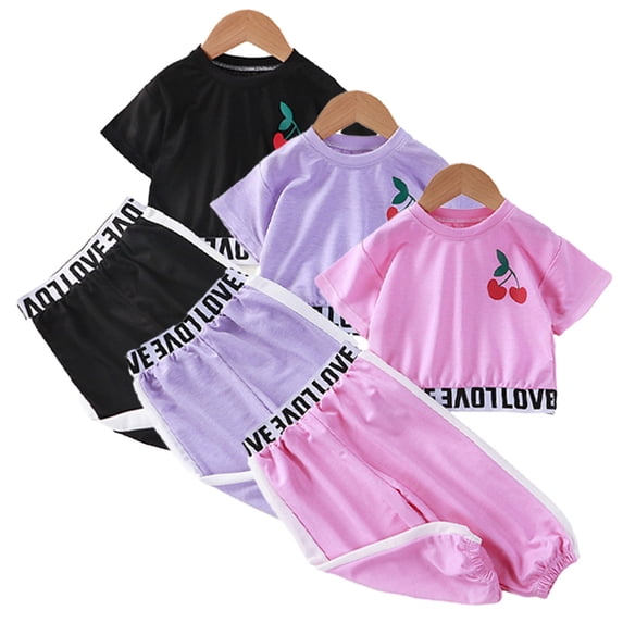 LYMAYTER Kids Toddler Girls Summer Casual Suits Baby Two Piece Solid Color Short Sleeved T-Shirt Trousers Suit Outfit Set for 1-10Y