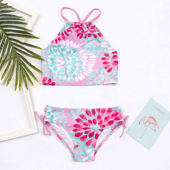 LYMAYTER Kids Toddler Girls Swimsuits Outfit Beach Prints Bathing Suit Hawaiian Bikini Swimwear Set for Girls 3-14 T 2PCS