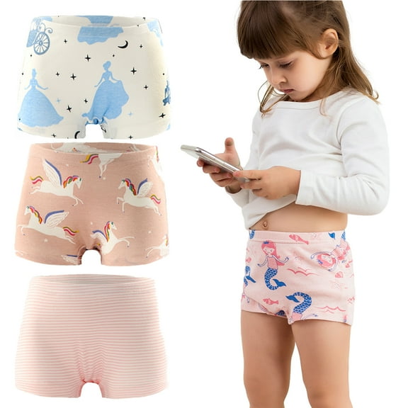 LYMAYTER Kids Toddler Girls Underwear Panties 3pack Baby Cotton Briefs Boxer Four Seasons Printed Four Corners Shorts for 2-12 Years