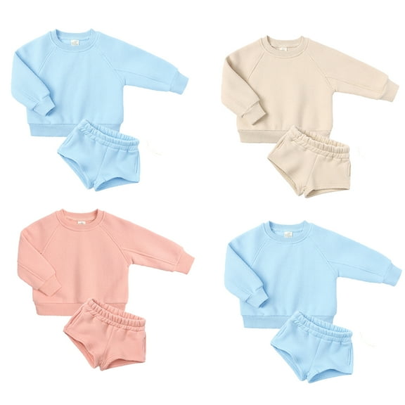 LYMAYTER Kids Unisex Fleece Outfit 2PCS Toddler Warm Solid Color Long Sleeve T-Shirt Tops Jogging Shorts Set for 1-14 Y