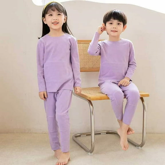 LYMAYTER Kids Unisex Pajamas Outfit 2PCS Boys Girls Velvet Long Sleeve Tops Pants Set Toddler Solid Colour Loungewear for 1-8Y