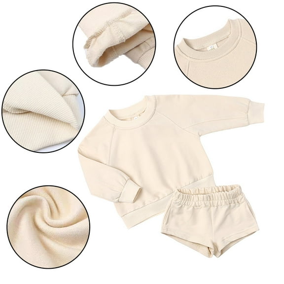 LYMAYTER Kids Unisex Sweatshirt Outfit Toddler Solid Color Long Sleeve T-Shirt Tops   Jogging Shorts Set for 1-14 Y 2PCS