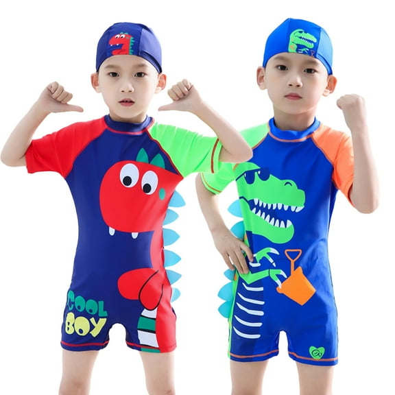 LYMAYTER Little Boys Cartoons Swimsuits Outfit One Piece Short Sleeve hats 2 PCS Sets Bathing Suit for Kids Toddler Swimming Swimwear 2-15 Years