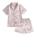 thumbnail image 1 of LYMAYTER Little Girls Boys V-Neck Silk Pajamas Set Baby Stain Printed Sleepwear Pjs 2 PCS Short Sleeve Jammies Loungewear Outfit for Toddler 9 M-13 Years, 1 of 9