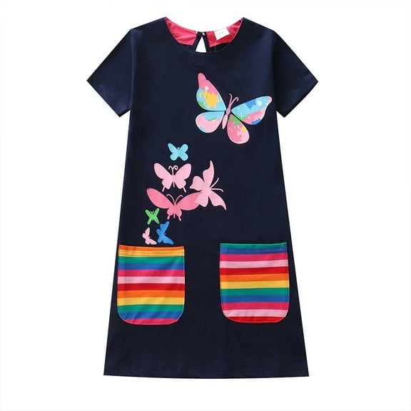LYMAYTER Little Girls Cotton Dresses Kids Short Sleeve Summer Princess Dress Toddler Printed Crewneck Sundress Dress for 3-8 Year