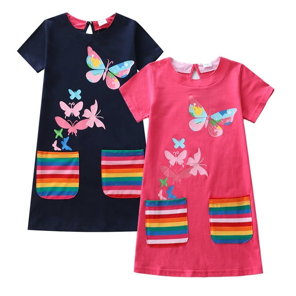 LYMAYTER Little Girls Cotton Dresses Kids Short Sleeve Summer Princess Dress Toddler Printed Crewneck Sundress Dress for 3-8 Year