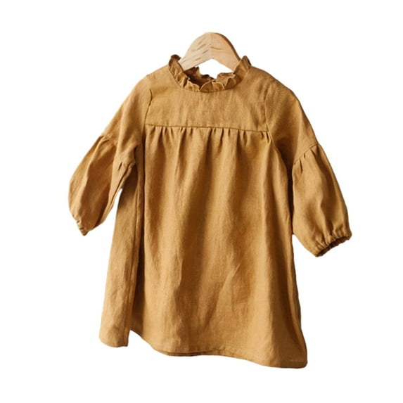 LYMAYTER Little Girls Cotton Linen Dresses Kids Baby Solid Color Dresses Spring Fall Soft Pullover Skirt for 2-6Y