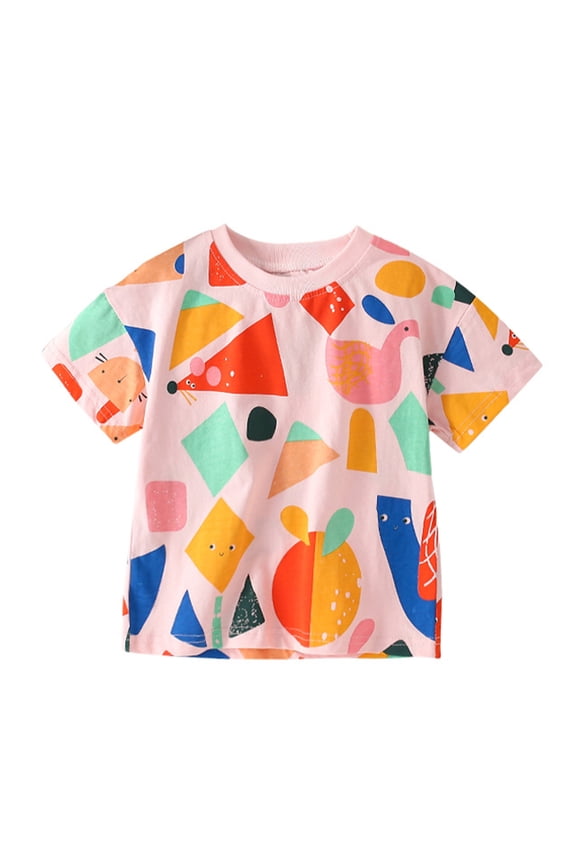 Little Girls Crewneck T-Shirt Kids Baby Cotton Short Sleeve Tees Tops Toddler Summer Prints Pullover Shirt for 1-8 Years