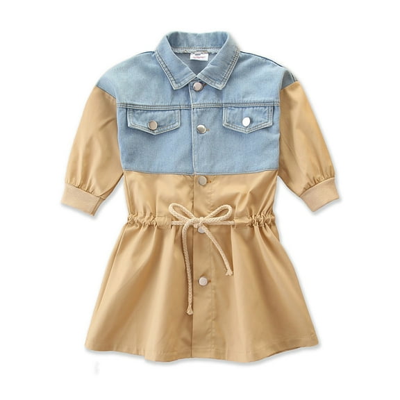 LYMAYTER Little Girls Denim Dresses for Kids Baby Long Sleeve Casual Dress Toddler Drawstring Tie Waist Sundress for 1-6 Year