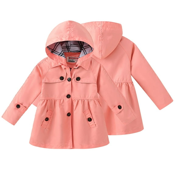LYMAYTER Little Girls Hooded Jacket Baby Mid-Length Trench Coat Toddler Solid Color Outerwear for 3-11 Years