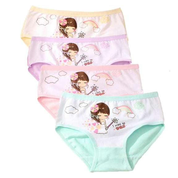 LYMAYTER Little Girls Panties Underwear Kids Cotton Breathable Four Corners Shorts for 2-12 T Toddler Printing Soft Triangle Boxer Briefs 4 PCS
