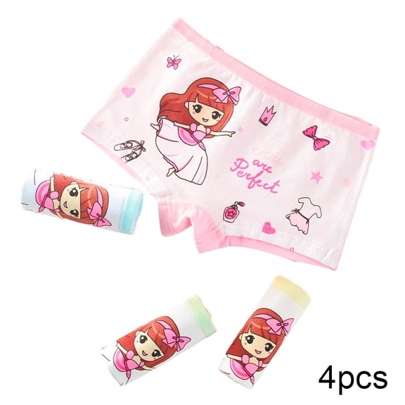 LYMAYTER Little Girls Panties Underwear Kids Cotton Breathable Four Corners Shorts for 2-12 T Toddler Printing Soft Triangle Boxer Briefs 4 PCS