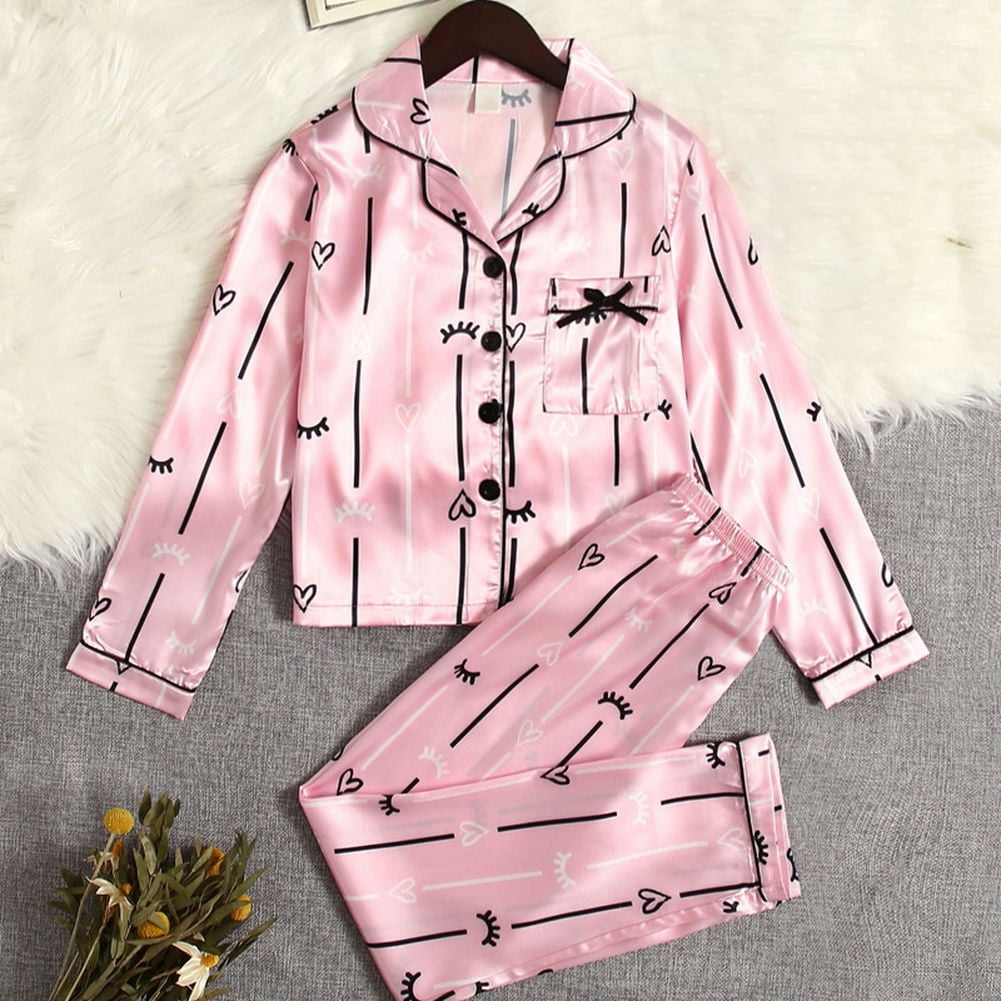 LYMAYTER Little Girls Satin Pajamas Set 2PCS Spring Autumn Printed Long