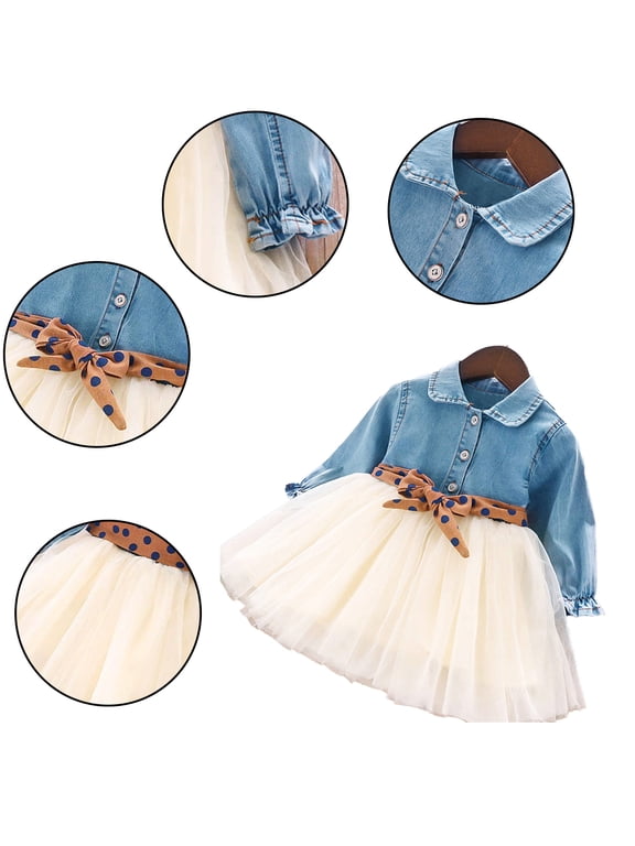 Little Girls Toddler Denim Shirt Dress Long Sleeves Lace Patchwork Belt - Infant Trendy Outfits 2-8Y