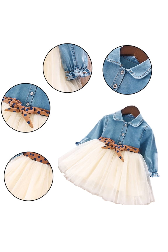 Little Girls Toddler Denim Shirt Dress Long Sleeves Lace Patchwork Belt - Infant Trendy Outfits 2-8Y