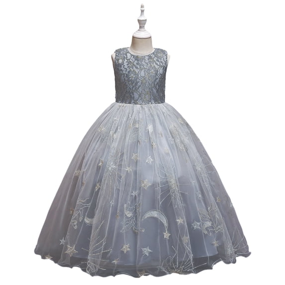 LYMAYTER Little Girls Tulle Sleeveless Dresses Kids Toddler Flower Lace Trailing Dress Girls Birthday Party Gown for 5-12 Years