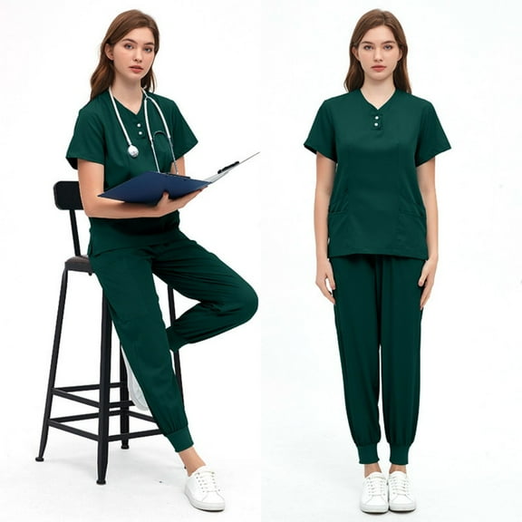 LYMAYTER Medical Uniform for Womens Solid Color Short Sleeve Hospital Duty Essentials Medical Uniform Set with Pockets