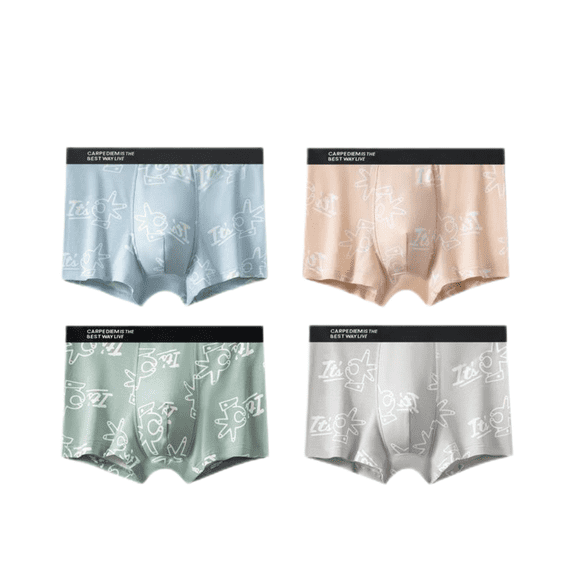 LYMAYTER Men Summer Underwear Cooling Cotton Boxer Briefs for L-3XL Anti-Odor Quick-Dry Print Undies 1PCS