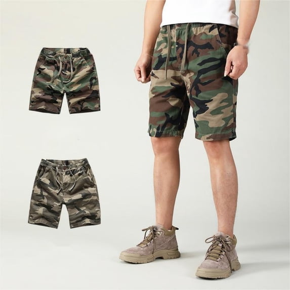 LYMAYTER Men's Casual Shorts Elastic Waist Relaxed Fit Cotton Outdoor Camouflage Shorts XS-2XL