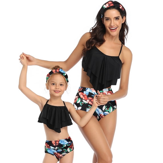 LYMAYTER Mommy and Me Swimsuit Ruffle Family Matching Swimwear Two Pieces Bikini Bathing Suit Summer Beachwear