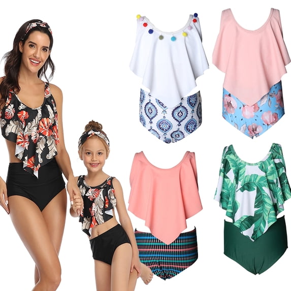 LYMAYTER Mother and Daughter Swimsuits Mommy and Me Family Matching Swimwear Ruffle Bikini Set Women High Waist Bathing Suit