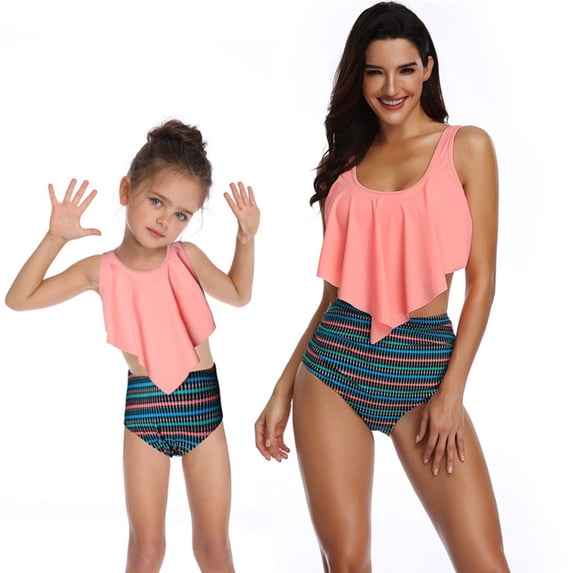 LYMAYTER Mother and Daughter Swimsuits Mommy and Me Family Matching Swimwear Ruffle Bikini Set Women High Waist Bathing Suit
