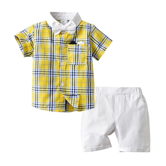 LYMAYTER Newborn Boys Gentleman Outfit for Kids Baby Short Sleeve Plaid Shirt with Bowtie + Summer Shorts Size for 6M-4T