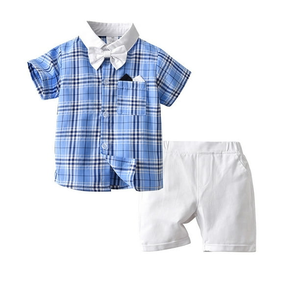 LYMAYTER Newborn Boys Gentleman Outfit for Kids Baby Short Sleeve Plaid Shirt with Bowtie + Summer Shorts Size for 6M-4T