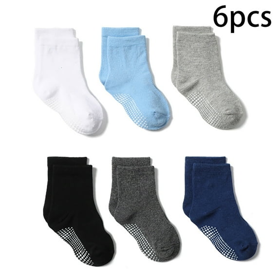 LYMAYTER Non Slip Infant Baby Socks Toddler Kids Grip Socks for Boy Girls Anti Skid Ankle Socks for 0-7 Year Children Cotton Solid Color No Show Socks with Grippers 6 Pairs