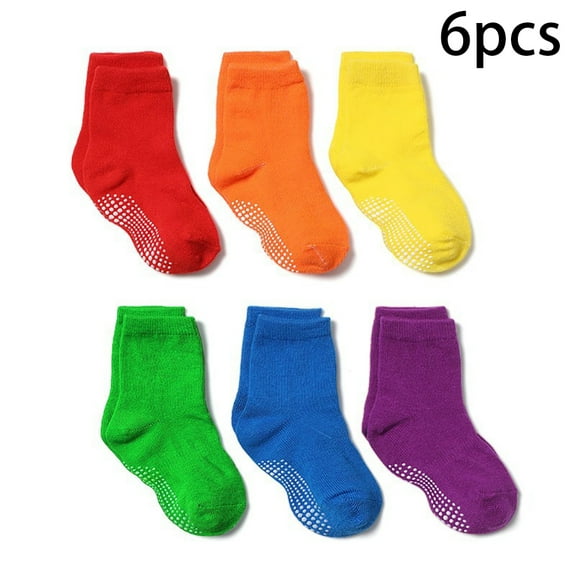 LYMAYTER Non Slip Infant Baby Socks Toddler Kids Grip Socks for Boy Girls Anti Skid Ankle Socks for 0-7 Year Children Cotton Solid Color No Show Socks with Grippers 6 Pairs