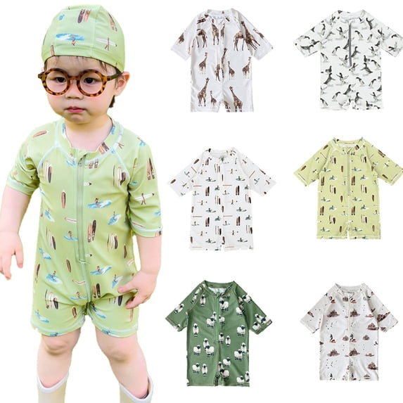 LYMAYTER One Piece Swimwear for Toddler Short Sleeves Print Swimsuit Girl Beach Bikini with Zip 6M-8Y