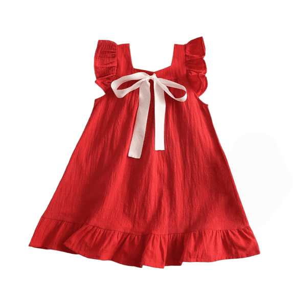 LYMAYTER Ruffle Flutter Sleeve Dress for 1-6Y Girls Summer Breathable A Line Dress With Back Bow