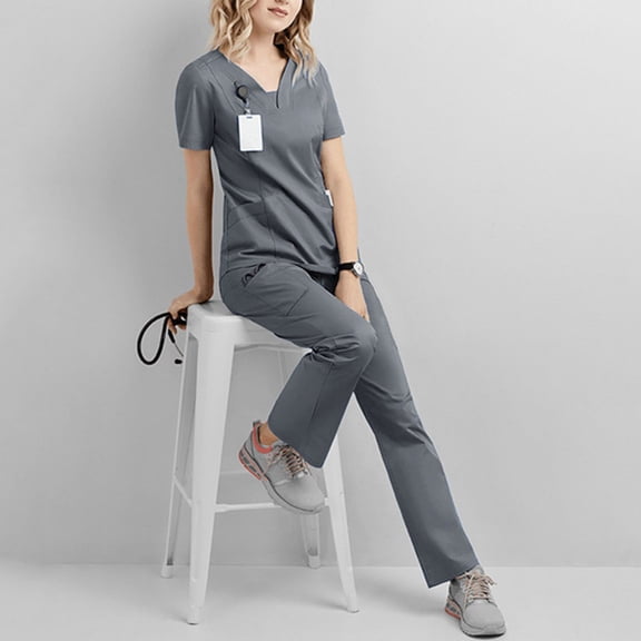 LYMAYTER S-2XL Medical Uniform for Womens Solid Color Fit Nurse Uniform Casual Hospital Duty Nurse Uniform