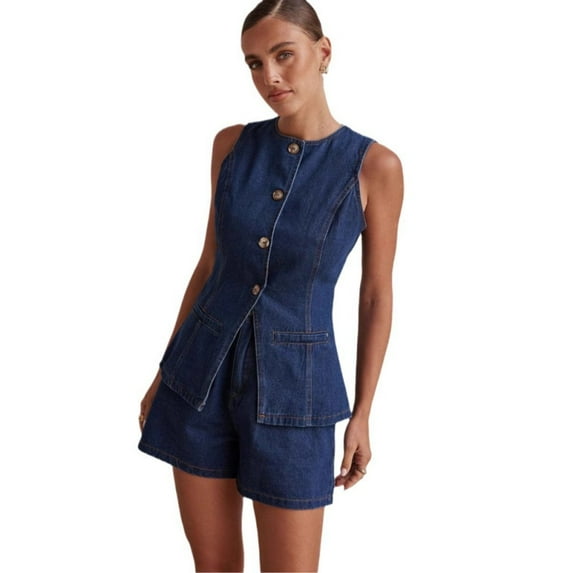 LYMAYTER Women's Denim Set Sleeveless Button Vest High Waist Shorts Casual Two Piece Summer Outfit S-2XL