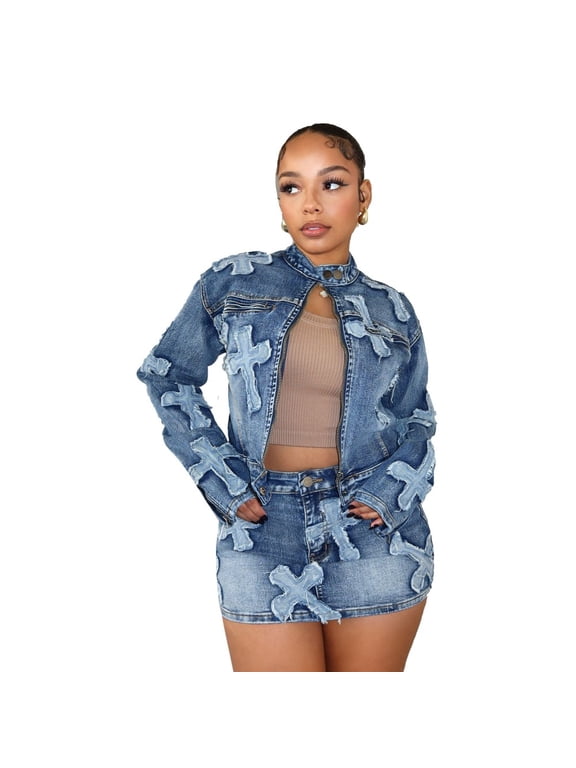 S-2XL Women Denim Skirt Set Embroidery Zipper Jacket Elastic Waist Skirt Tracksuit Sets