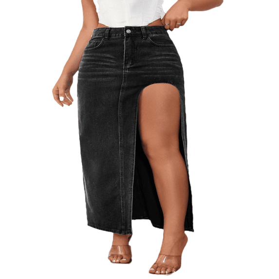 LYMAYTER S-2XL Women Summer Denim Skirt Mid Waist Side High Slit Summer Casual Mid-Length for Jean Skirt