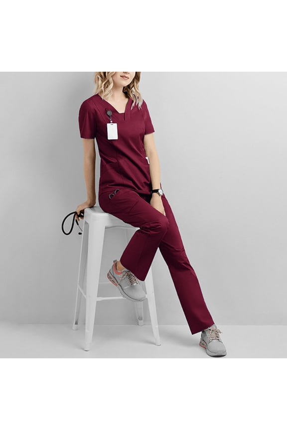 S-2XL Women's Short Sleeve Nurse Uniform Medical Uniform Solid Color Anti-Wrinkle Quick-Dry Nurse Uniform
