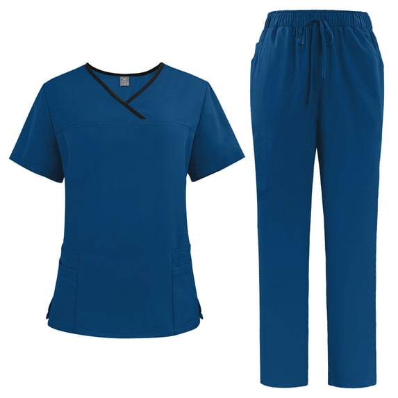 LYMAYTER S-2XL Womens Medical Uniform Short Sleeve V-Neck Nurse Uniform Stretch Color Clash Binding Nurse Uniform Set