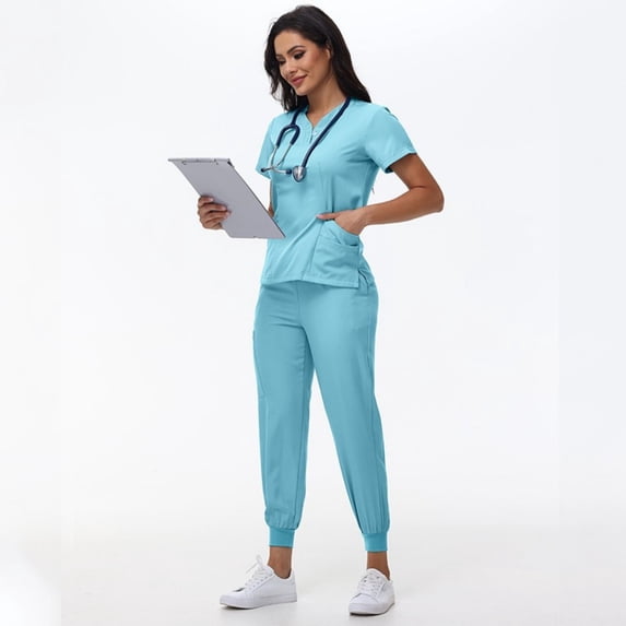 LYMAYTER Women Dentistry Nursing Uniforms V-Neck Button Top & Jogger Medical Uniform for S-2XL