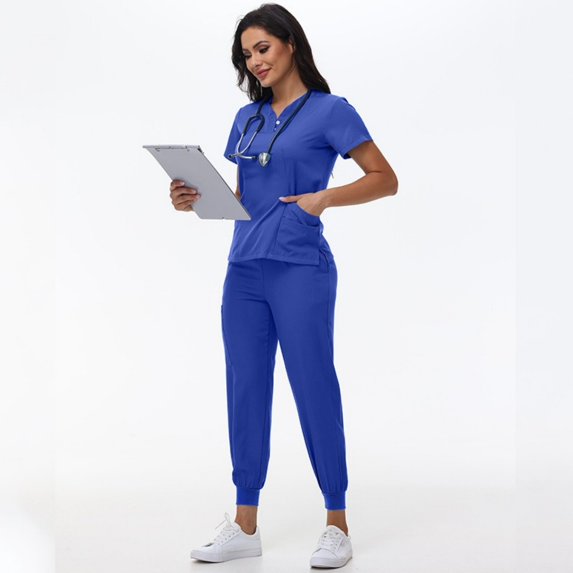 LYMAYTER S-2XL Womens Nurse Uniform Set Solid Color V-Neck Lightweight Short Sleeve Medical Uniform Shifts
