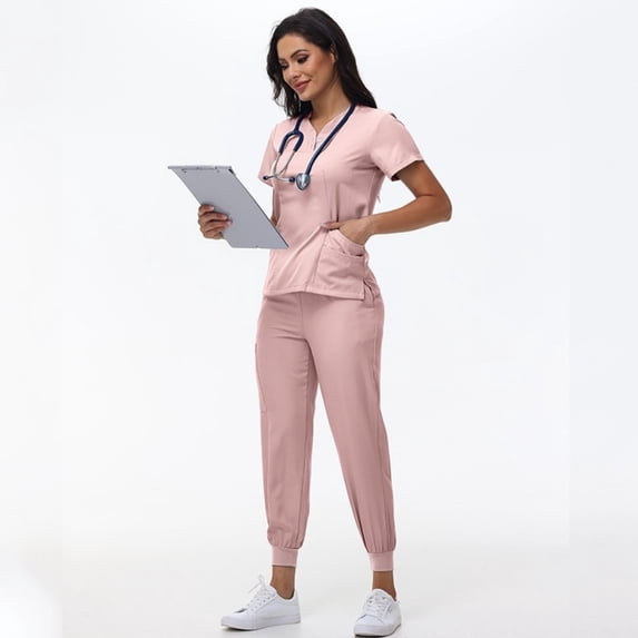 LYMAYTER S-2XL Womens Nurse Uniform Set Solid Color V-Neck Lightweight Short Sleeve Medical Uniform Shifts