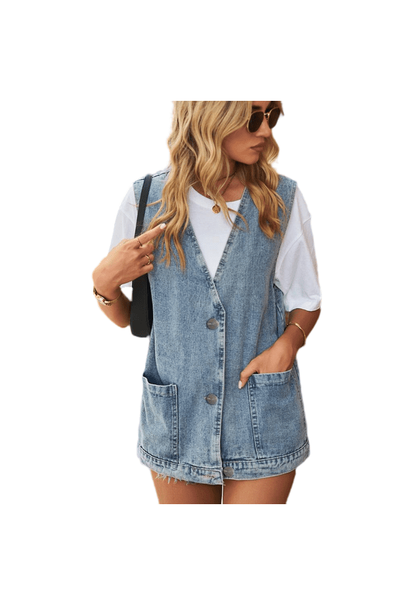 S-3XL Women Oversized Denim Vest Mid Long Jean Vest Sleeveless Jackets V Neck Tank Tops
