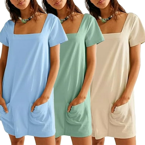 LYMAYTER S-XL For Women's Square Collar Dress Skirt Casual Dresses Short Sleeve Dresses